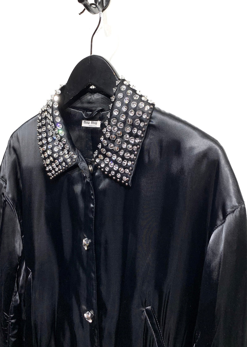 Miu Miu 2018 Cristal Embellished Black Satin Bomber Jacket
