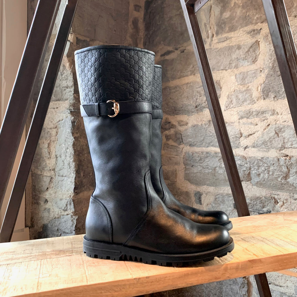 Gucci Black Leather Microguccissima Pull-on Boots