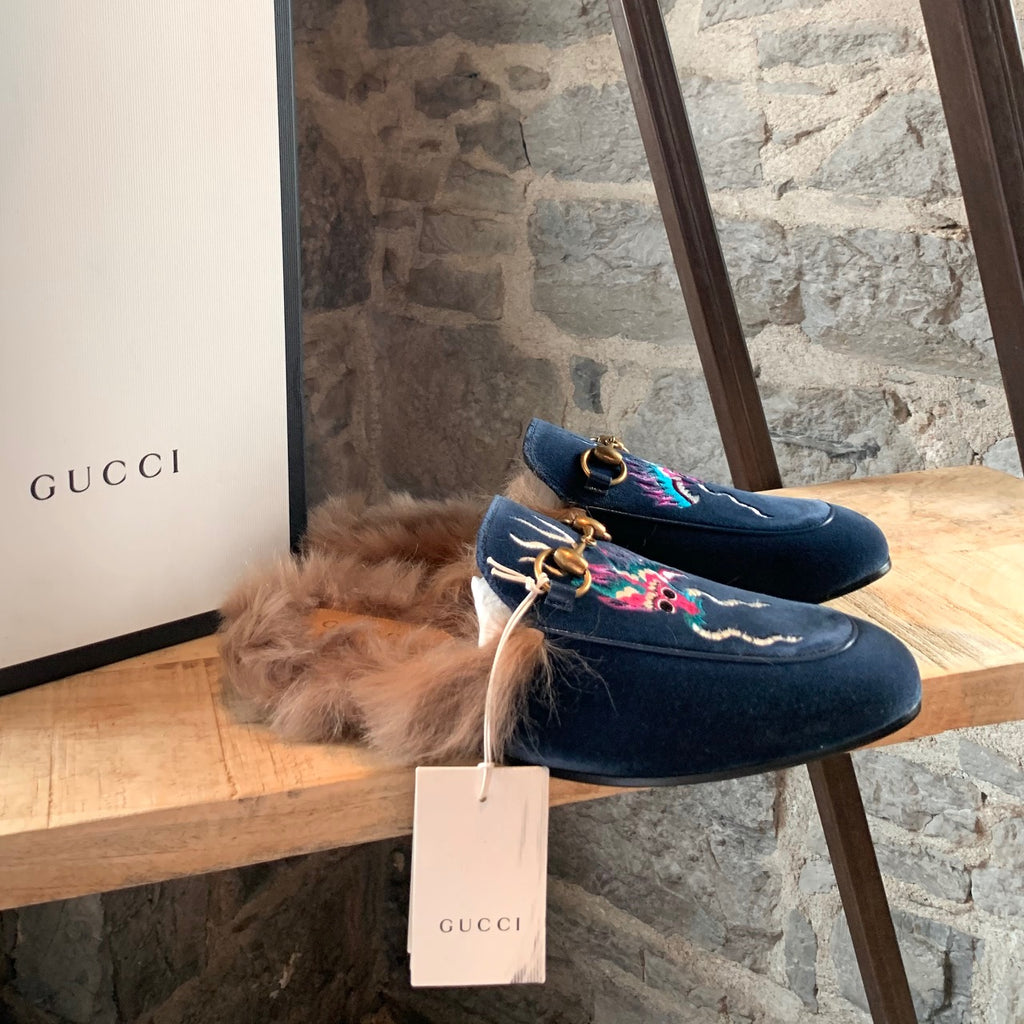 Gucci Blue Velvet Dragon Embroidered Princetown Fur Slipper Loafers
