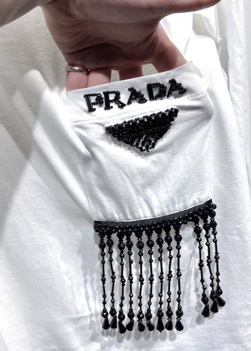 T-shirt blanc perlé à manches longues Prada