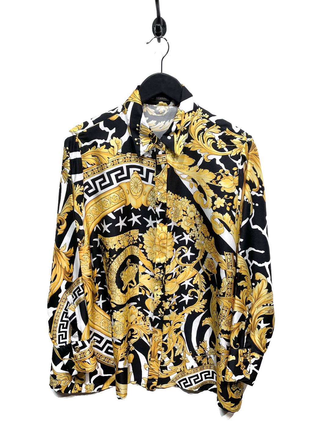 Versace Black Gold Hibiscus Print Silk Shirt