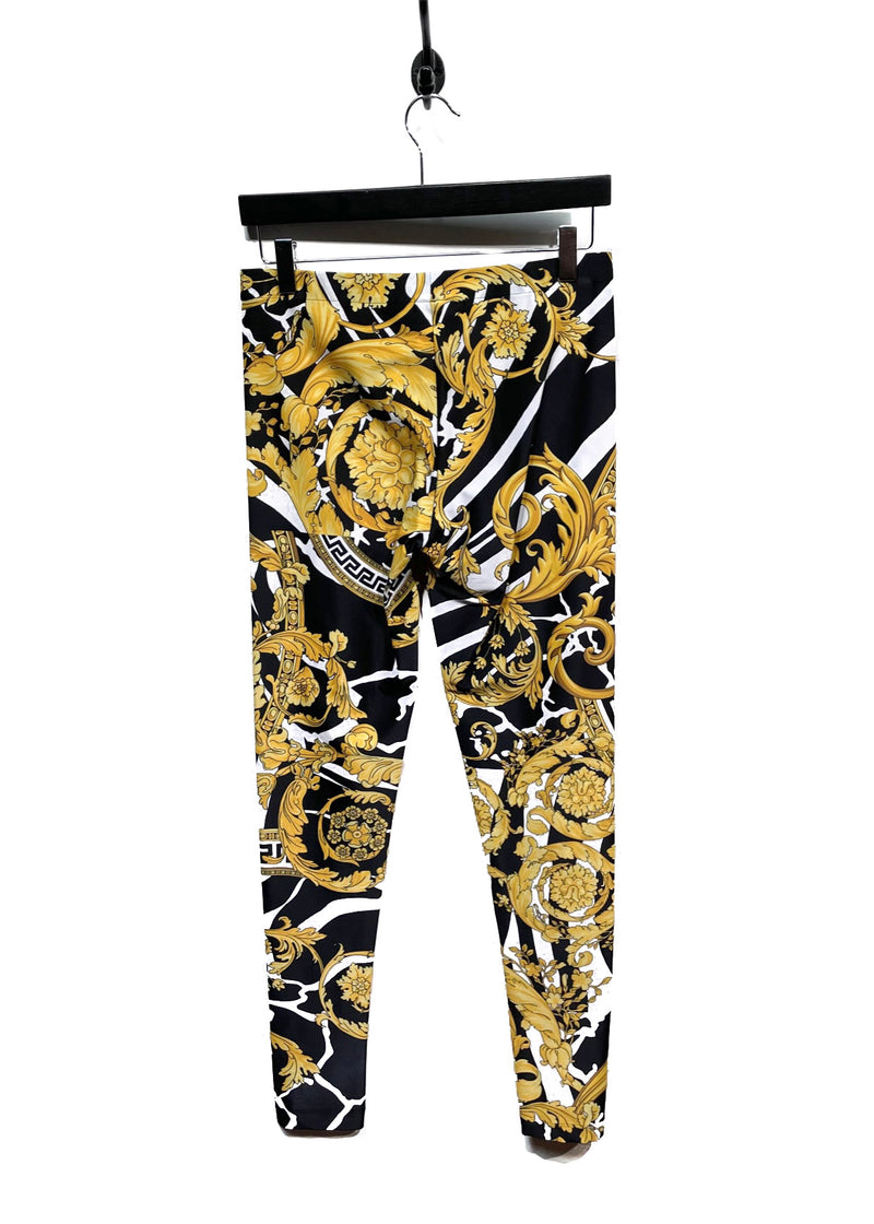Versace Black Gold Hibiscus Print Leggings