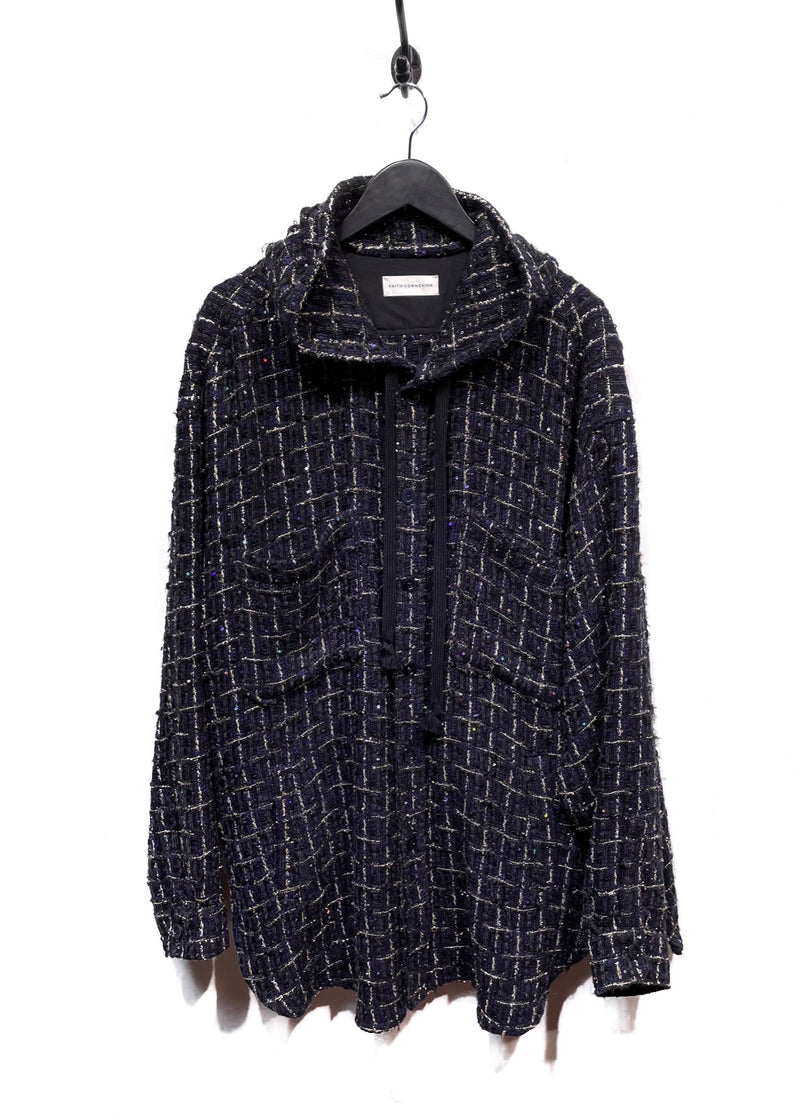 Faith Connexion Navy Black Gold Tweed Sequined Hooded Shirt