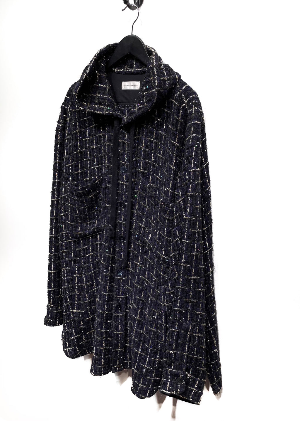 Faith Connexion Navy Black Gold Tweed Sequined Hooded Shirt