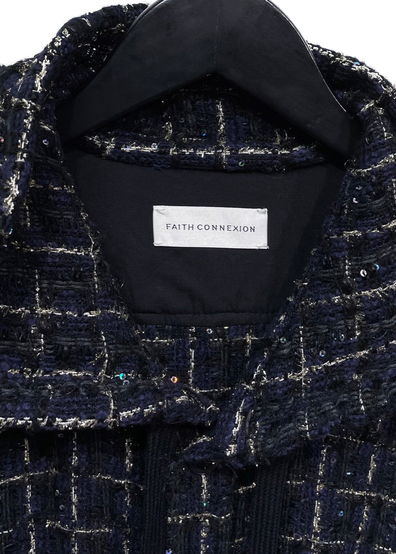 Chemise à capuche en tweed bleu marine noir et or à sequins Faith Connexion