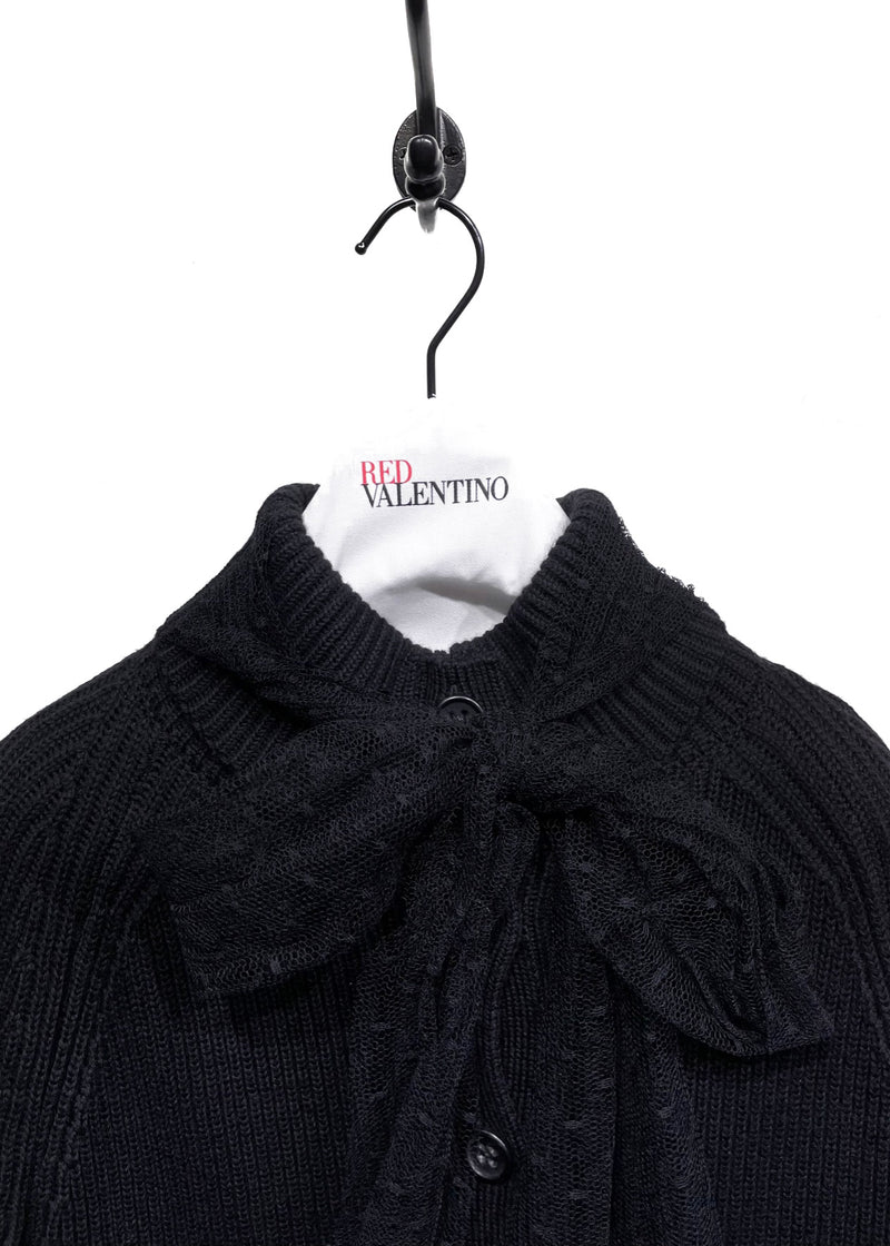 Red Valentino Black Mesh Bow Wool Buttoned Cape