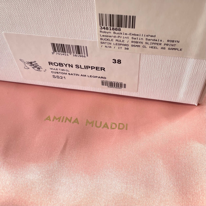 Amina Muaddi Leopard Robyn Slipper Satin Embellished Sandals