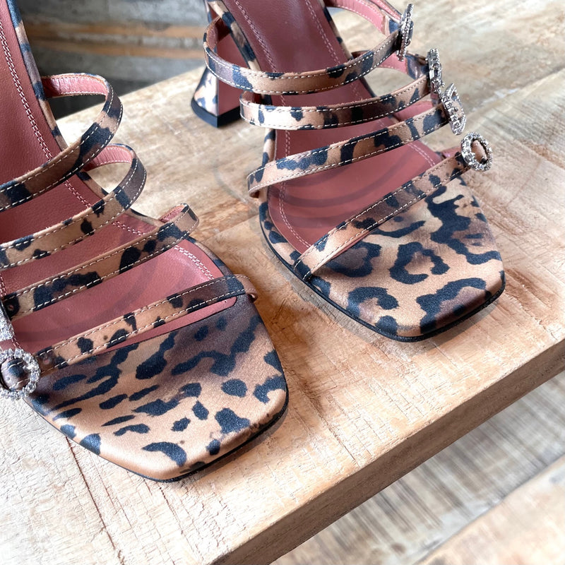 Amina Muaddi Leopard Robyn Slipper Satin Embellished Sandals
