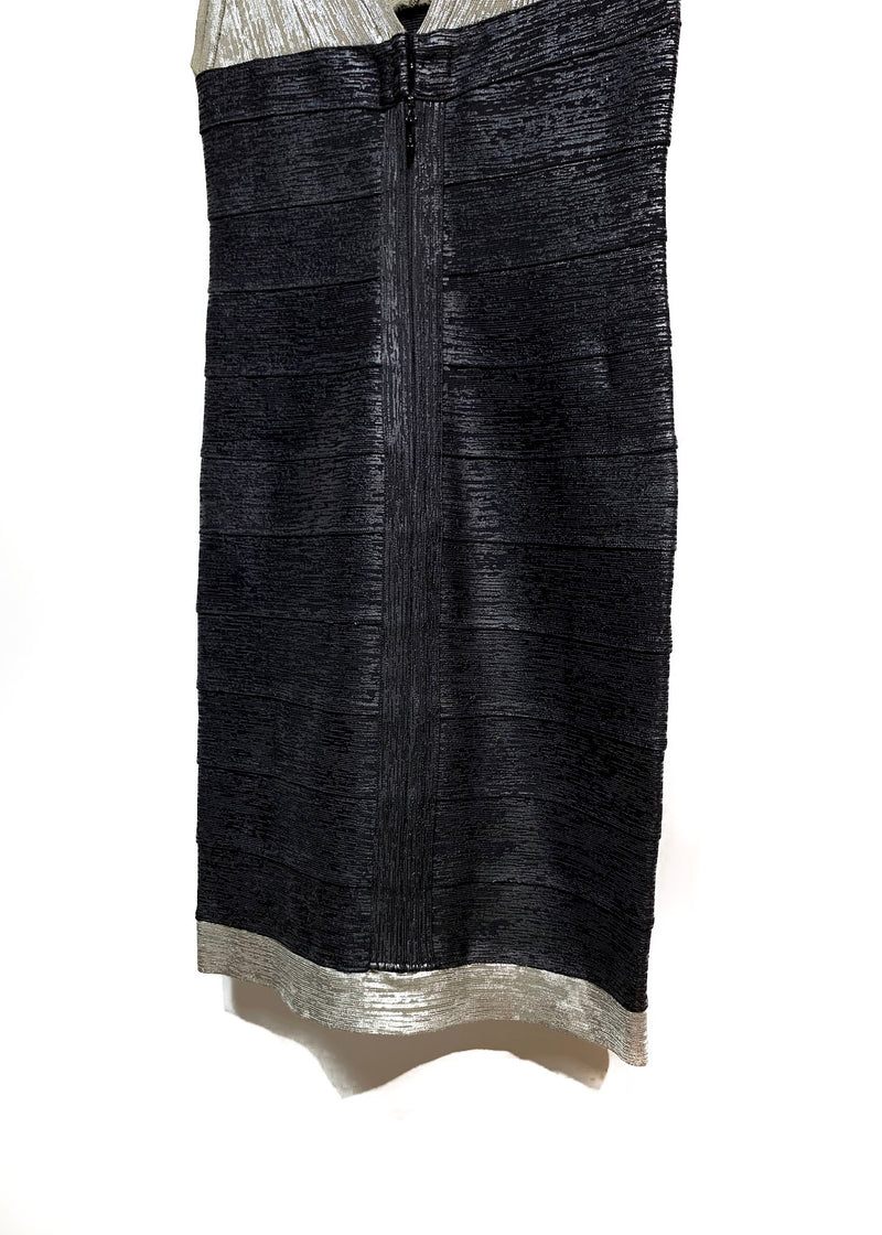 Mini-robe moulante bandage Hervé Léger métallique noire argentée