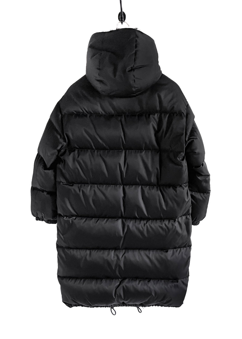 Manteau long en gabardine de Prada 2020 Re-Nylon noir avec bordure en fourrure de mouton teintée