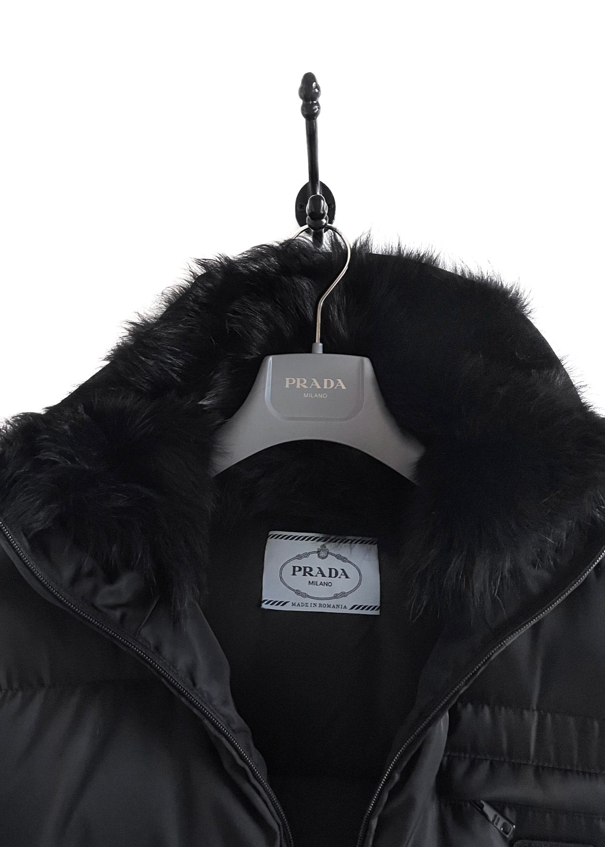 Prada 2020 Black Re-Nylon Gabardine Long Coat with Dye Sheep Fur