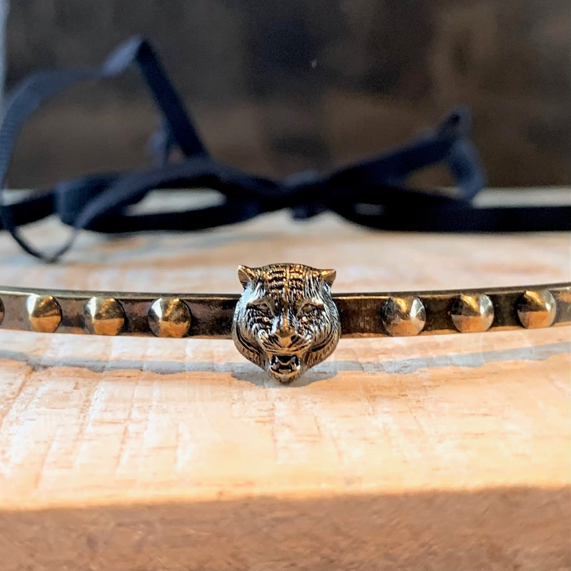 Gucci Antique Gold-tone Feline Head Studded Choker Necklace