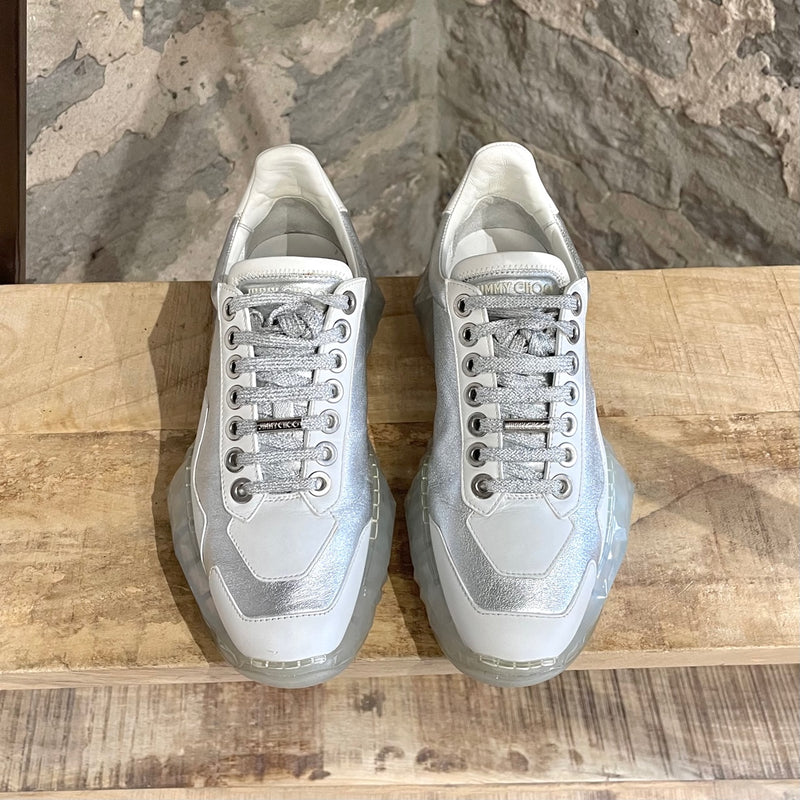Jimmy Choo Silver Metallic White Diamond Oversized Sneakers