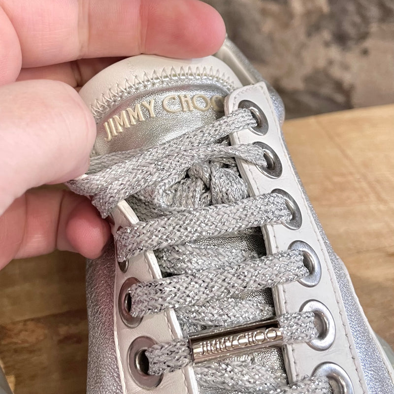 Jimmy Choo Silver Metallic White Diamond Oversized Sneakers