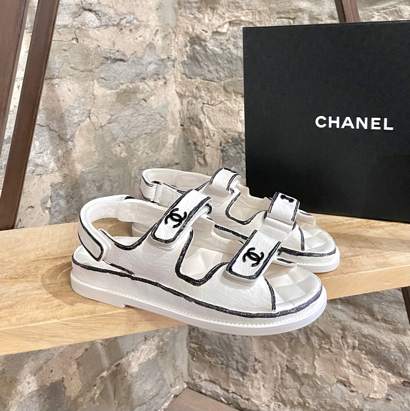 Chanel 22C White Black Textured Calfskin Strapped Dad Sandals