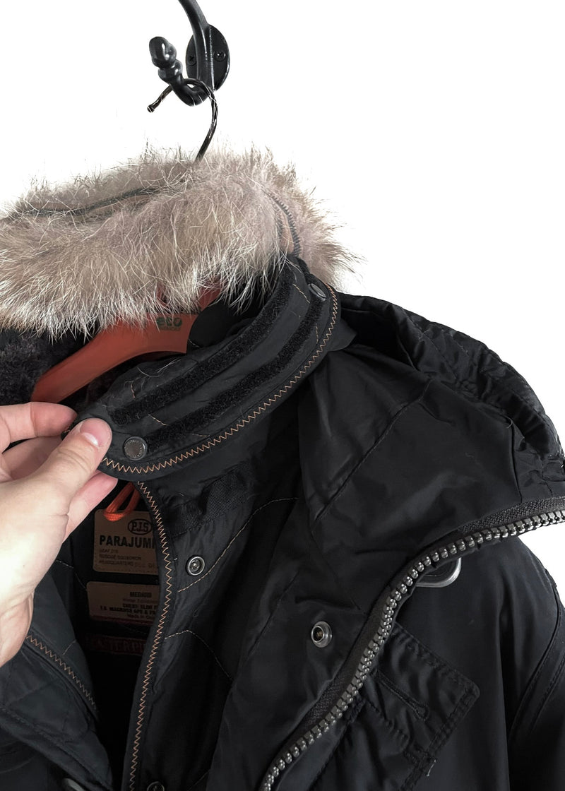 Parajumpers Black Fur Hooded Kodiak Long Parka Coat