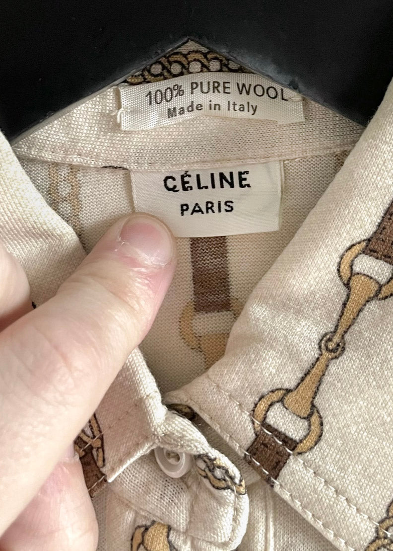 Céline Vintage Ivory Brown Horsebit Print Wool Blouse