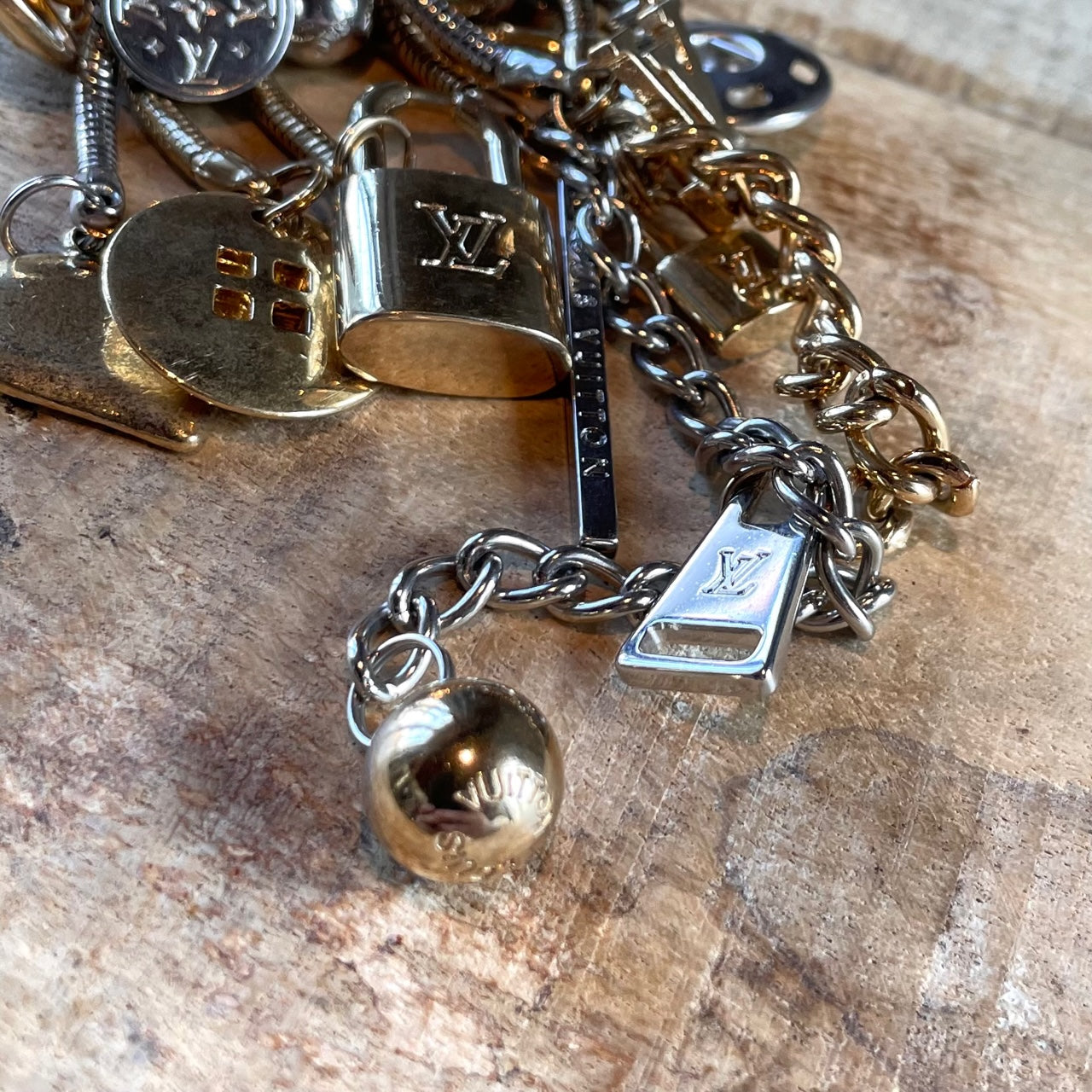 Vintage Reworked Louis Vuitton Charm Keychain Gold Silver Gems