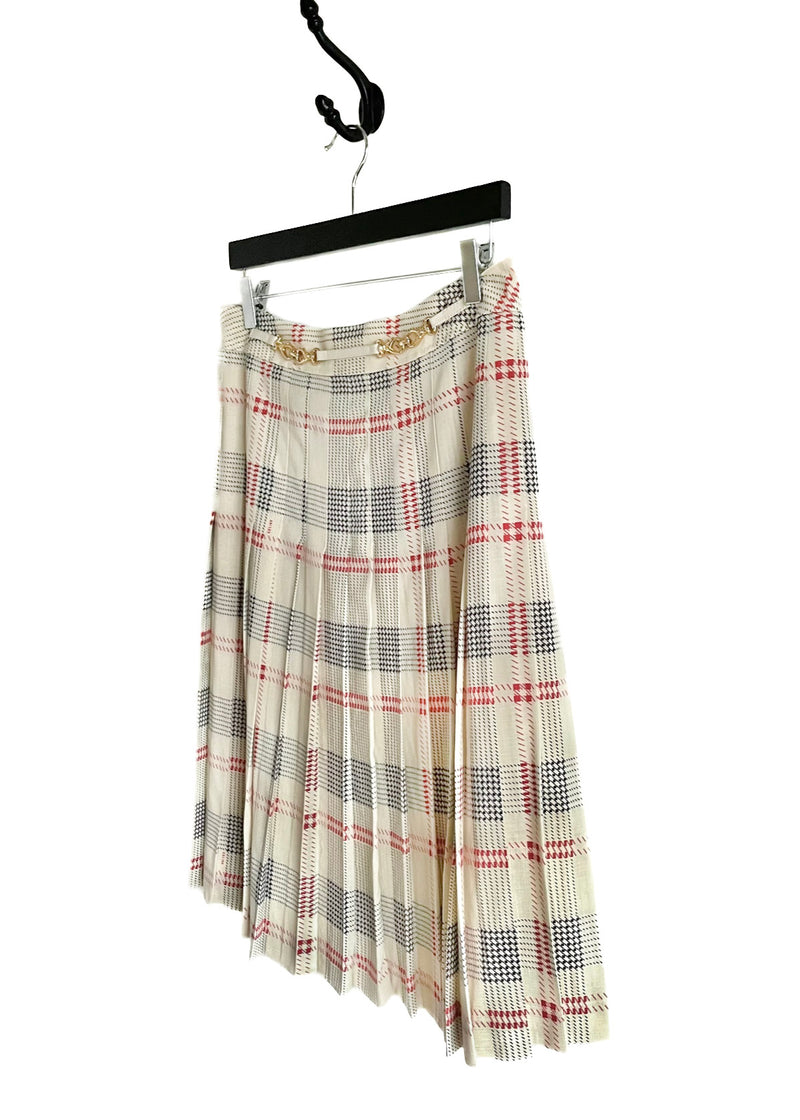 Céline Vintage Ivory Silk Pleated Checkered Skirt