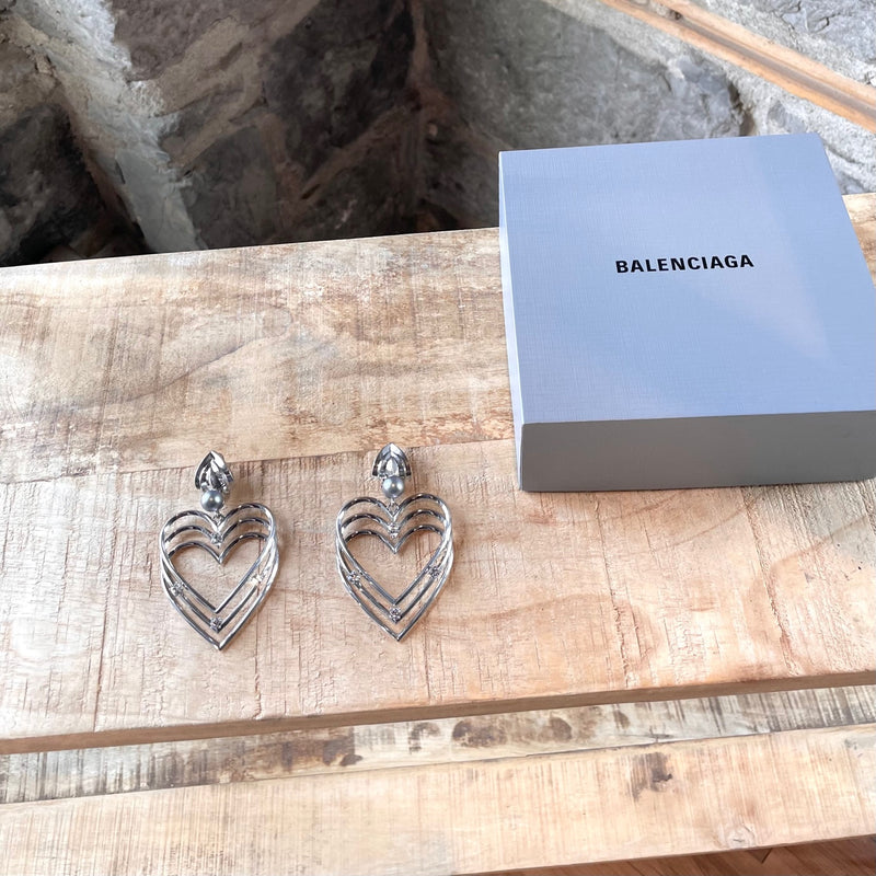 Balenciaga Silver Crystals Pearl Triple Hearts Earrings