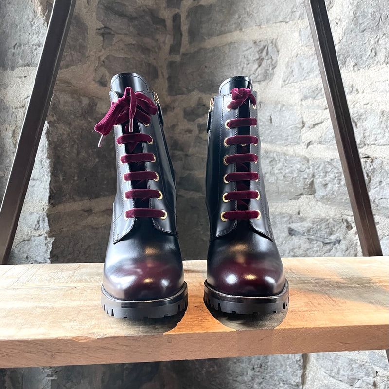 Prada Burgundy Cordovan Leather Lace-up Heeled Boots
