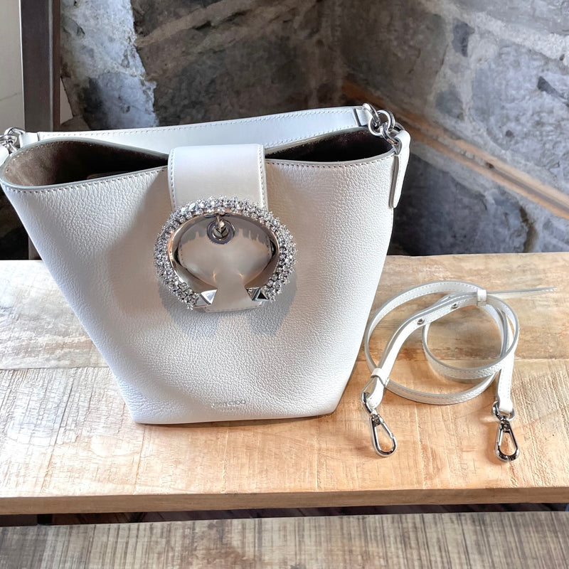 Jimmy Choo Ivory Leather Crystal Embellished Madeline Bucket Bag