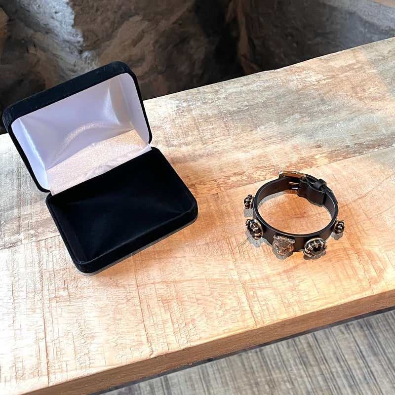 Gucci Black Leather Feline Stone Studded Bracelet