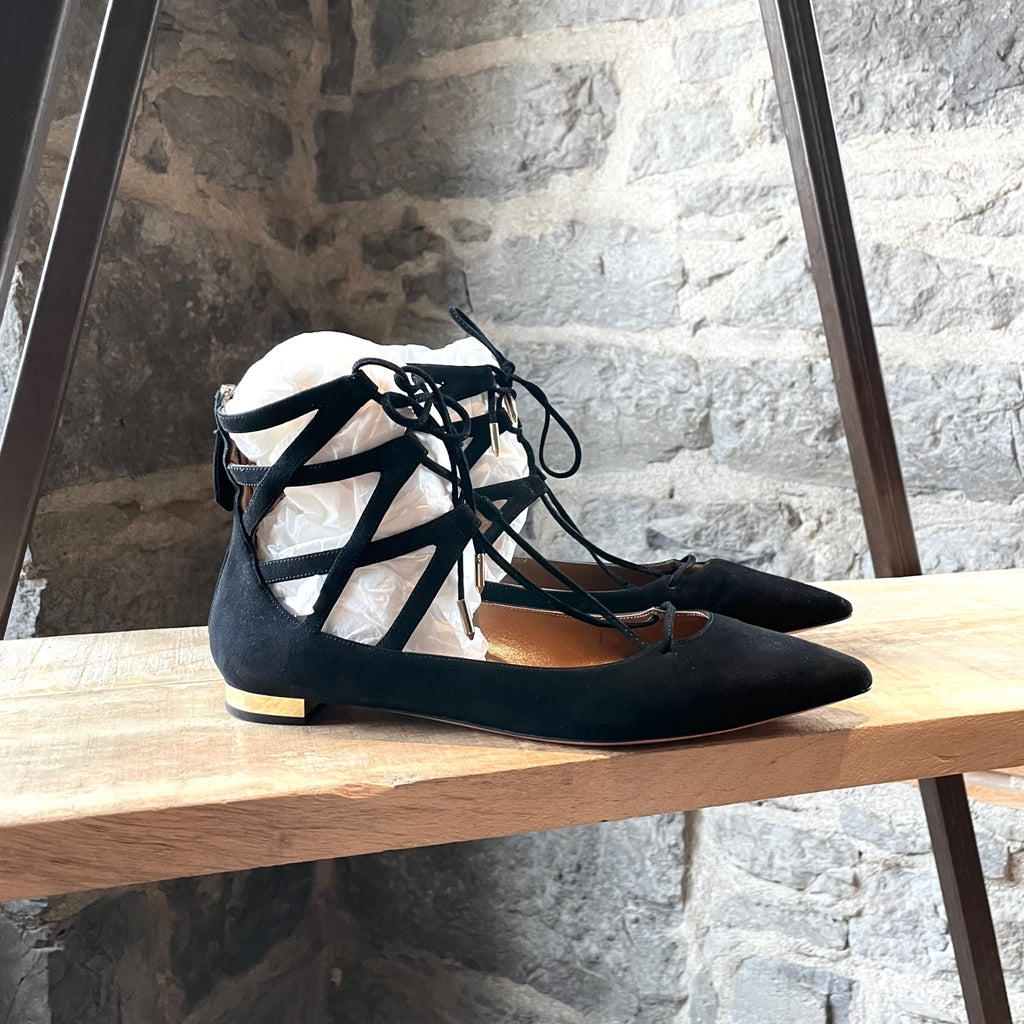 Chaussures plates pointues en daim noir Aquazzura Belgravia Cage