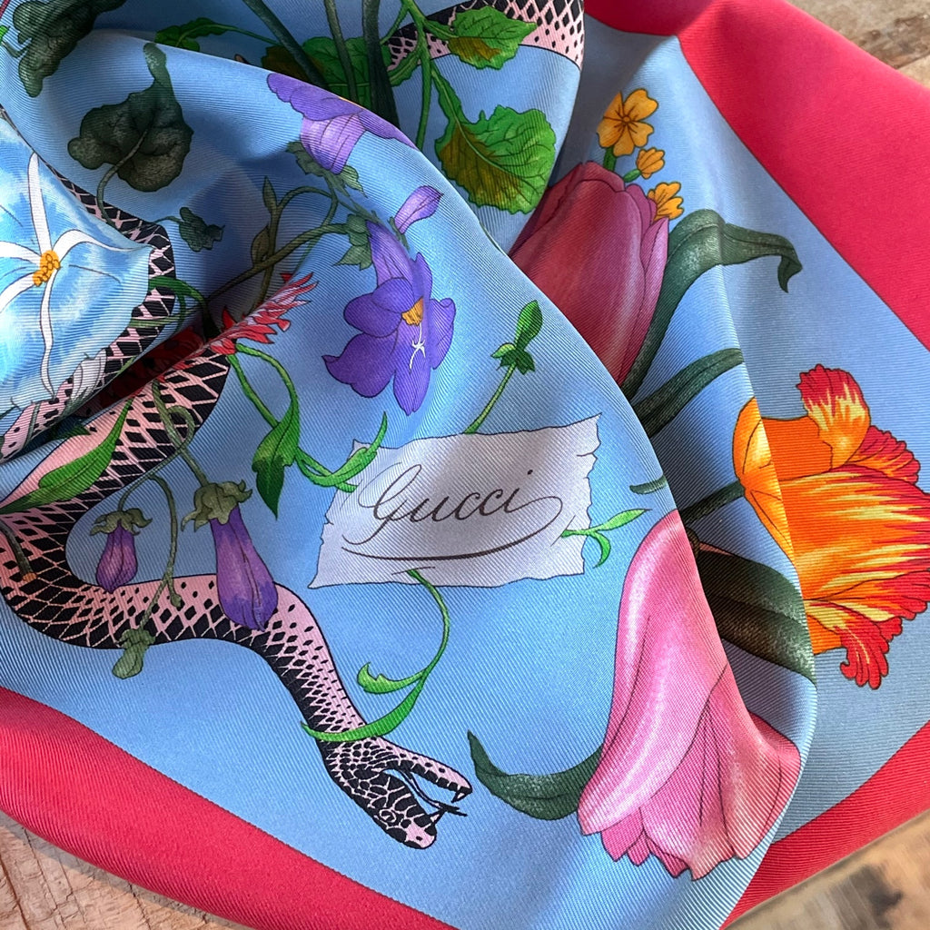 Gucci Coral Blue Snake Floral Printed Silk Square Scarf