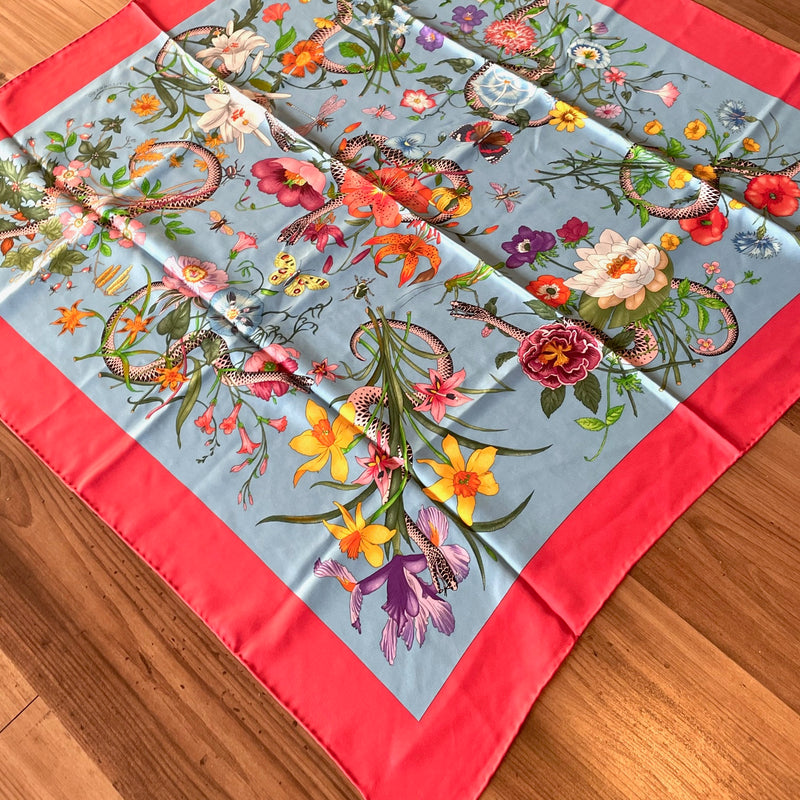 Gucci Coral Blue Snake Floral Printed Silk Square Scarf