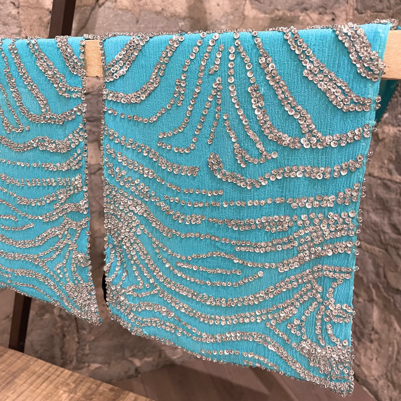Roberto Cavalli Beaded Sequined Zebra Pattern Turquoise Silk Scarf