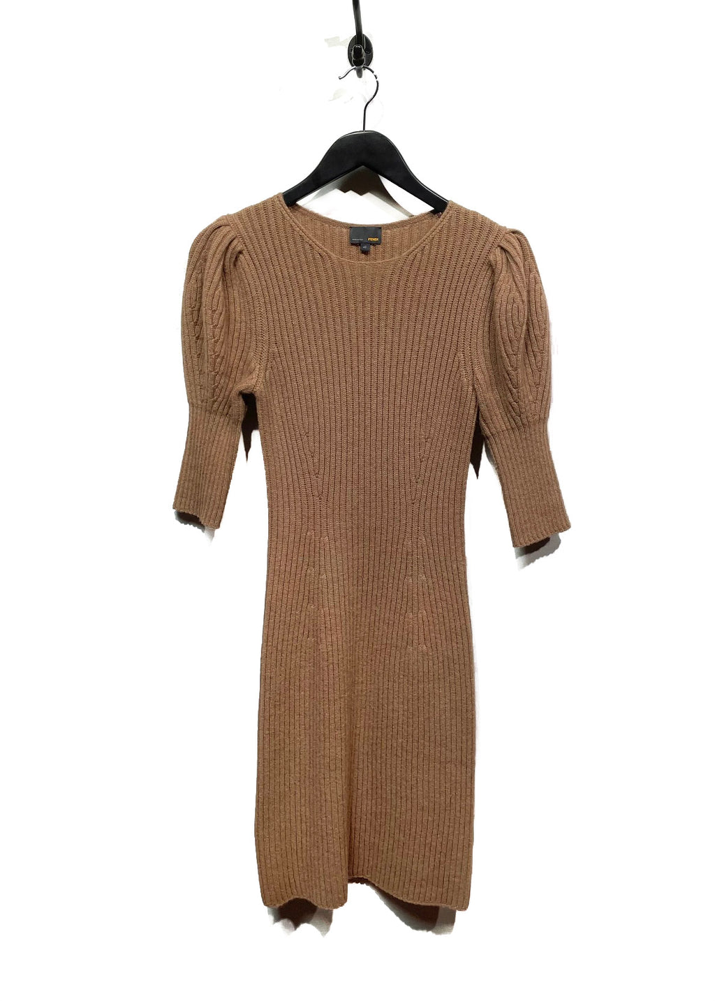 Fendi Camel Knit Short Sleeves Ribbed Dress