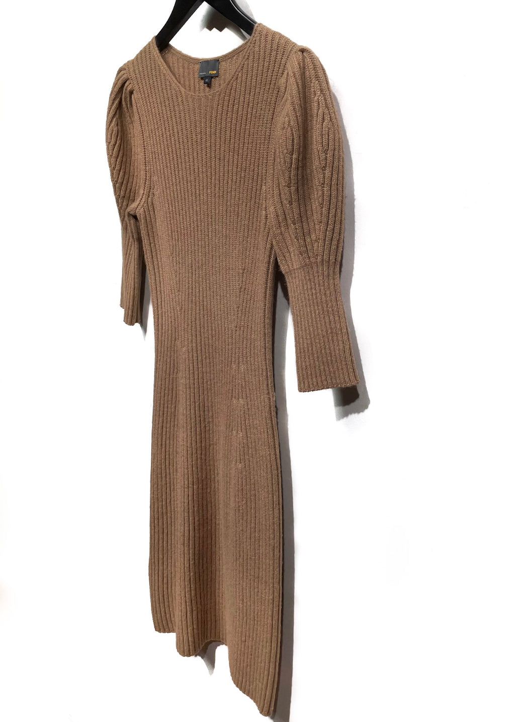 Fendi Camel Knit Short Sleeves Ribbed Dress