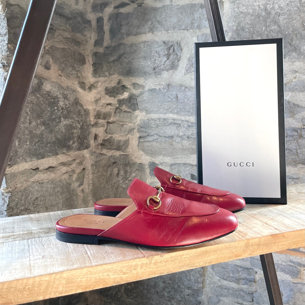 Gucci Red Leather Horsebit Princetown Slippers