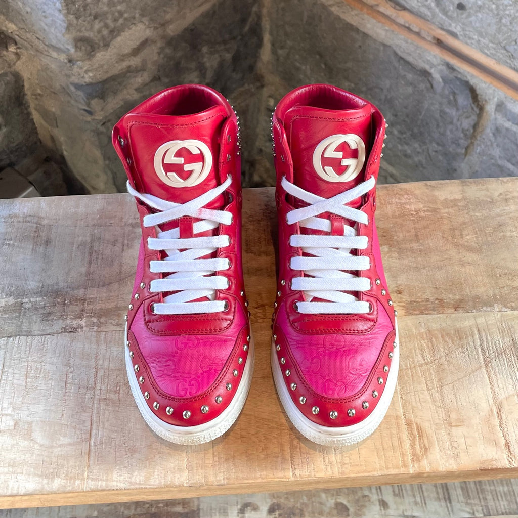 Gucci Red Leather Pink Monogram Studded High-top Sneakers