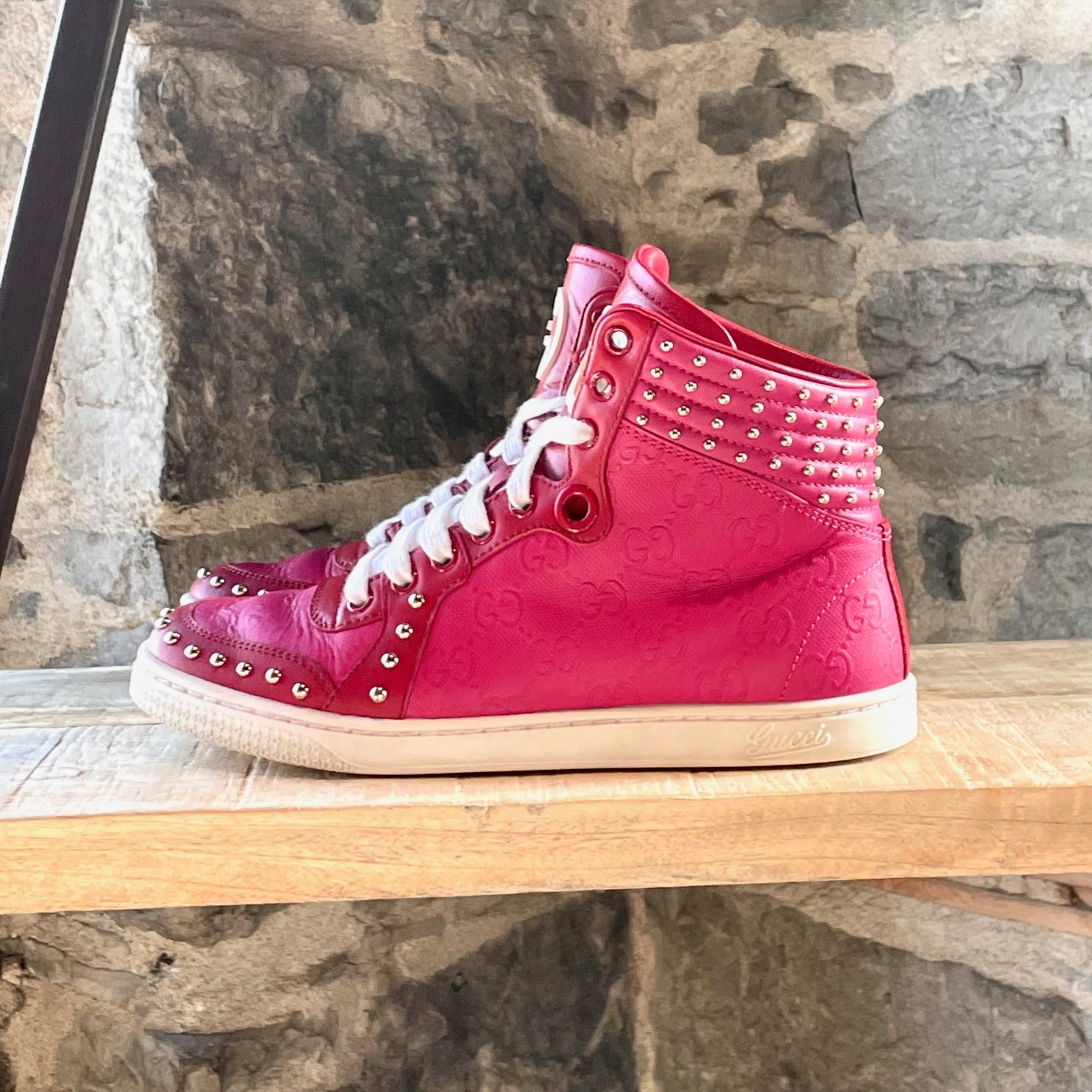 Gucci Red Leather Pink Monogram Studded High-top Sneakers