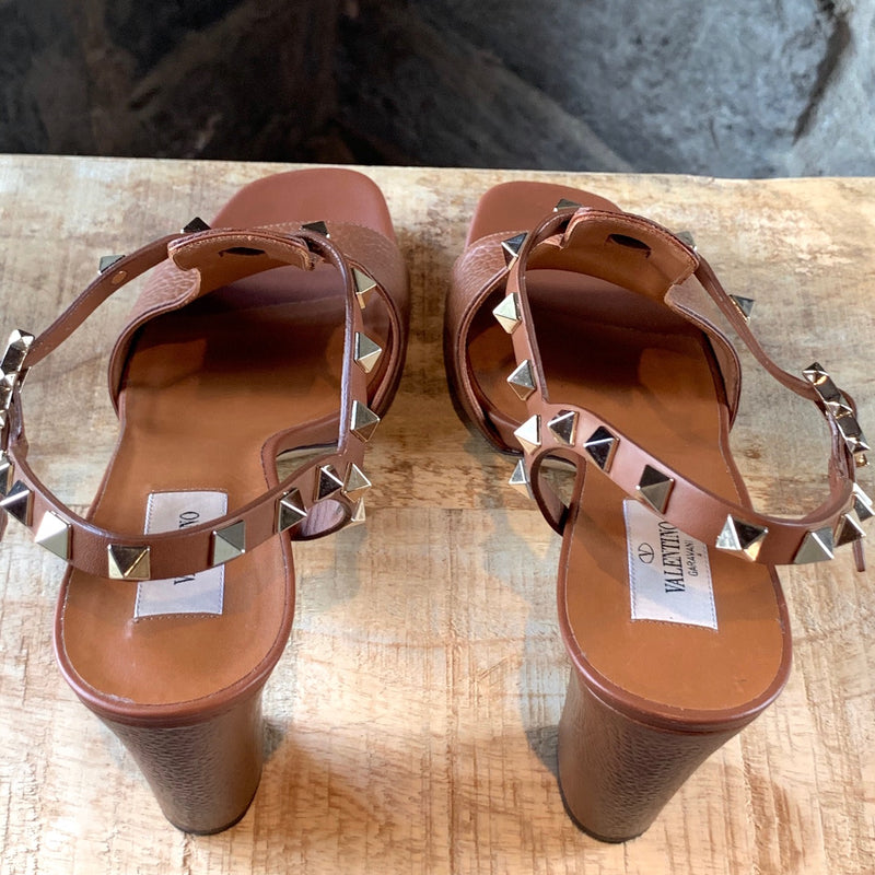 Valentino Rockstud Brown Calfskin Leather T-strap Sandals