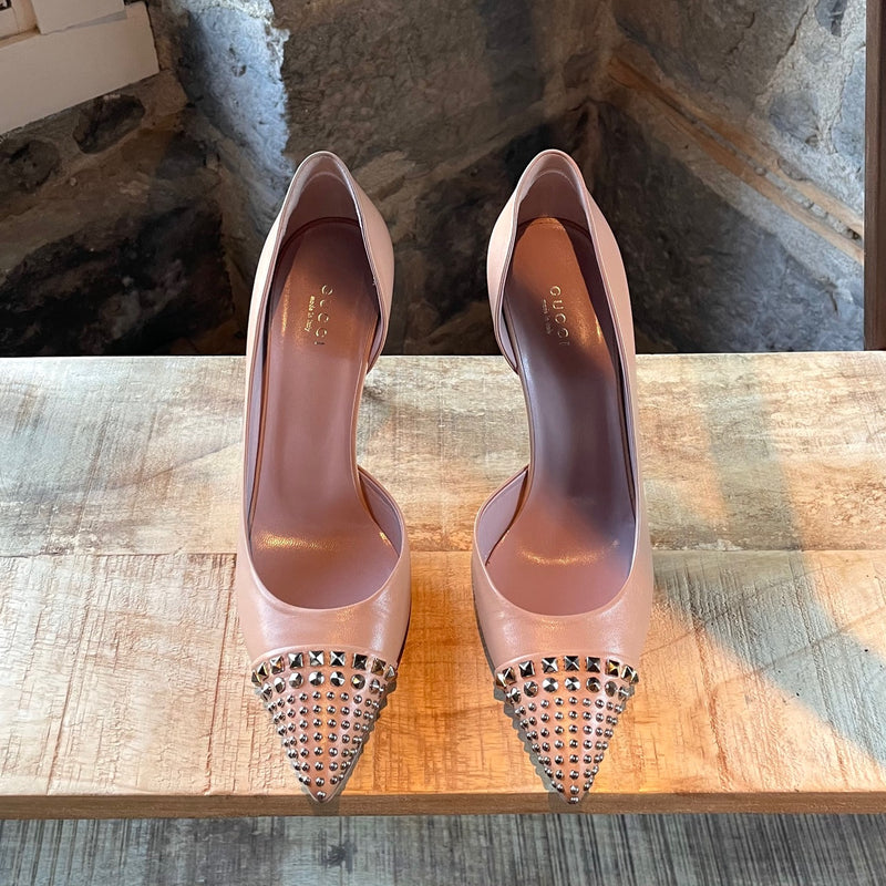 Gucci Studded Half D'orsay Nude Leather Pumps