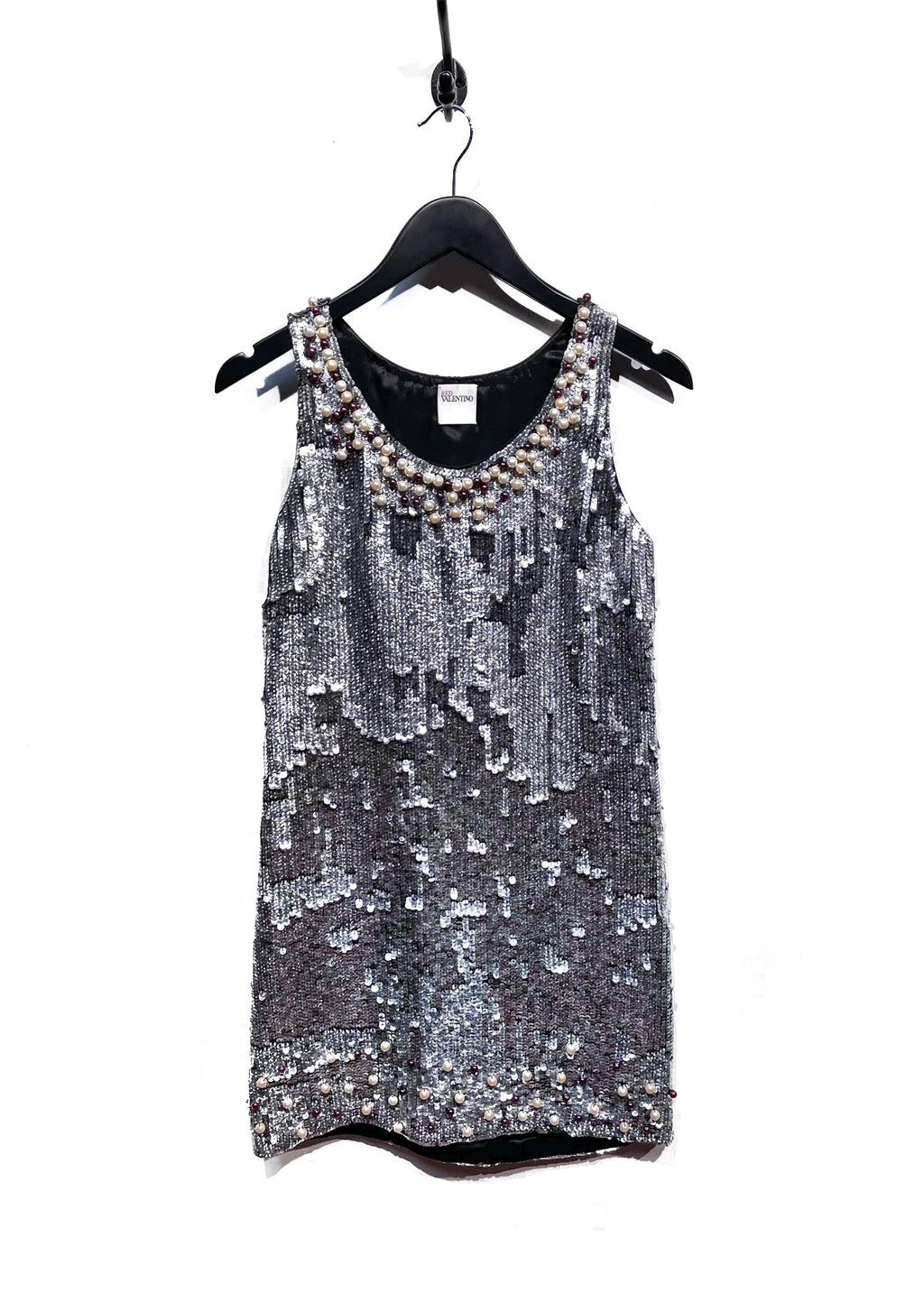 Red Valentino Silver Sequin Pearl Embellished Sleeveless Dress