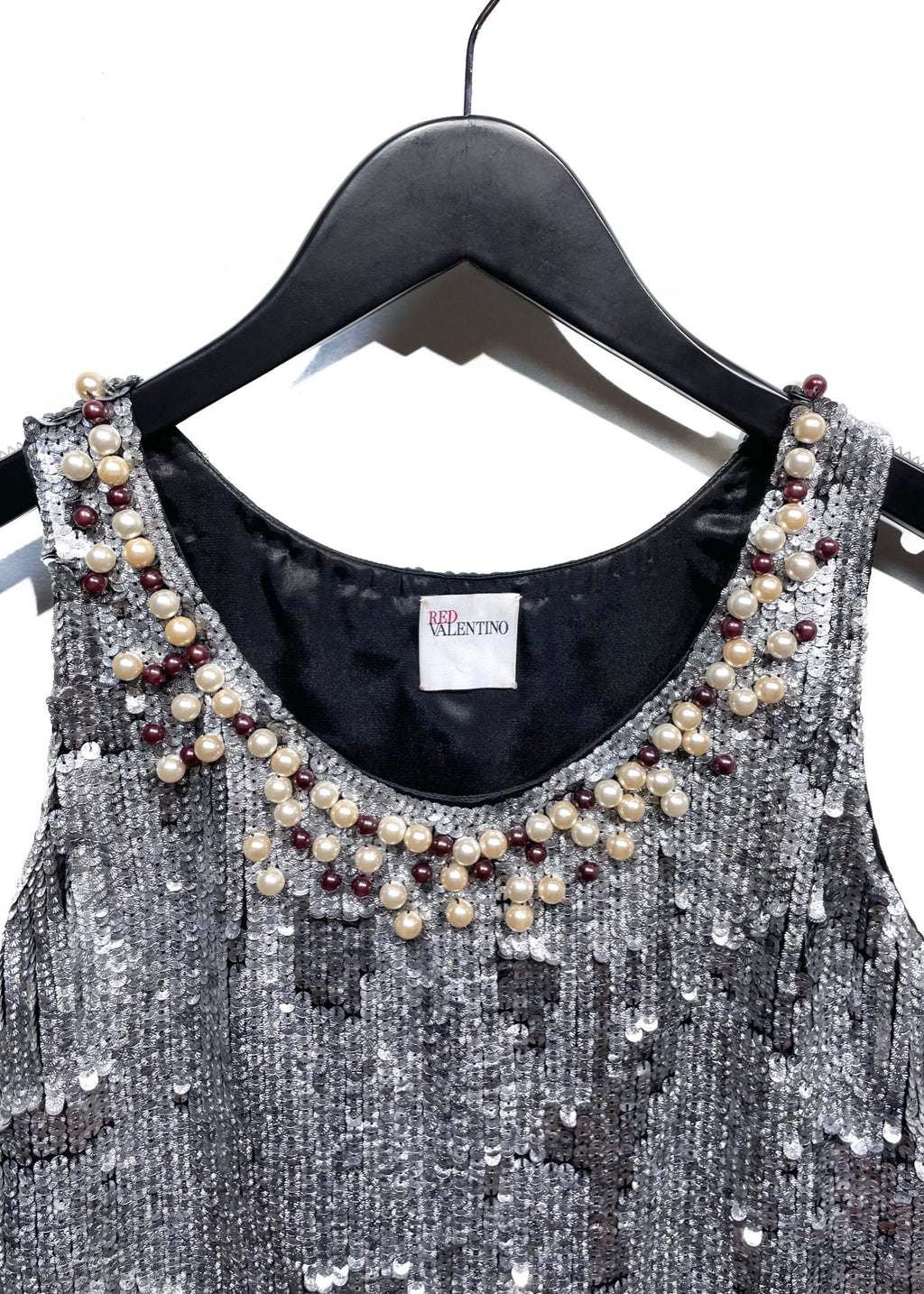 Red Valentino Silver Sequin Pearl Embellished Sleeveless Dress