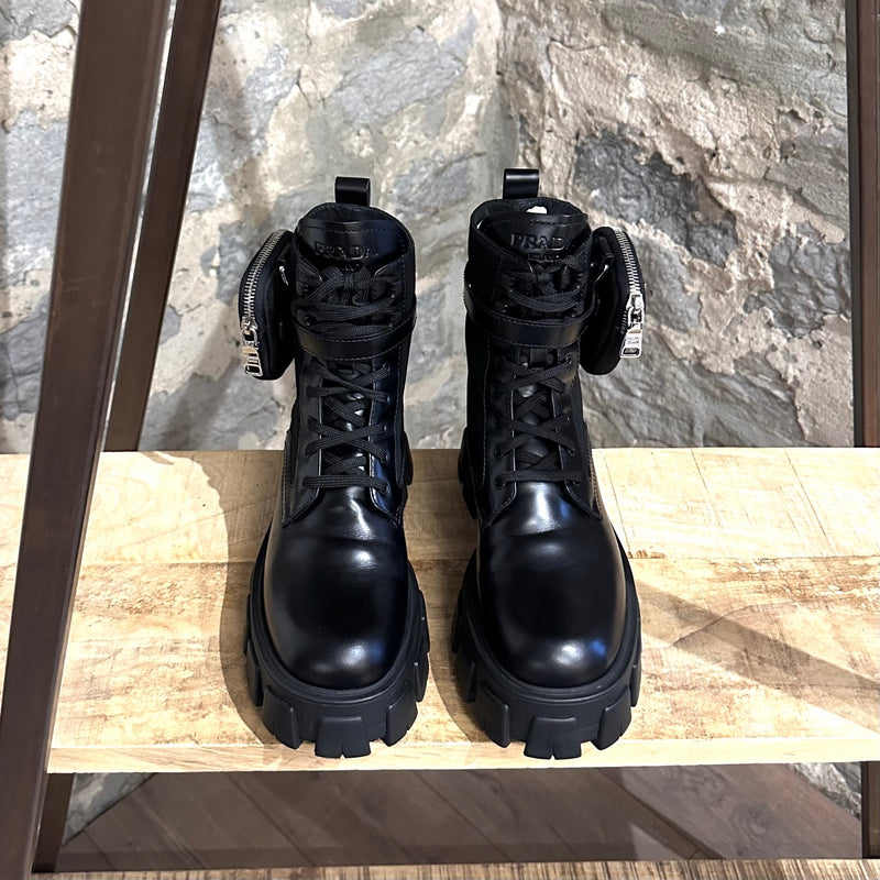 Prada Monolith Black Leather Nylon Combat Boots