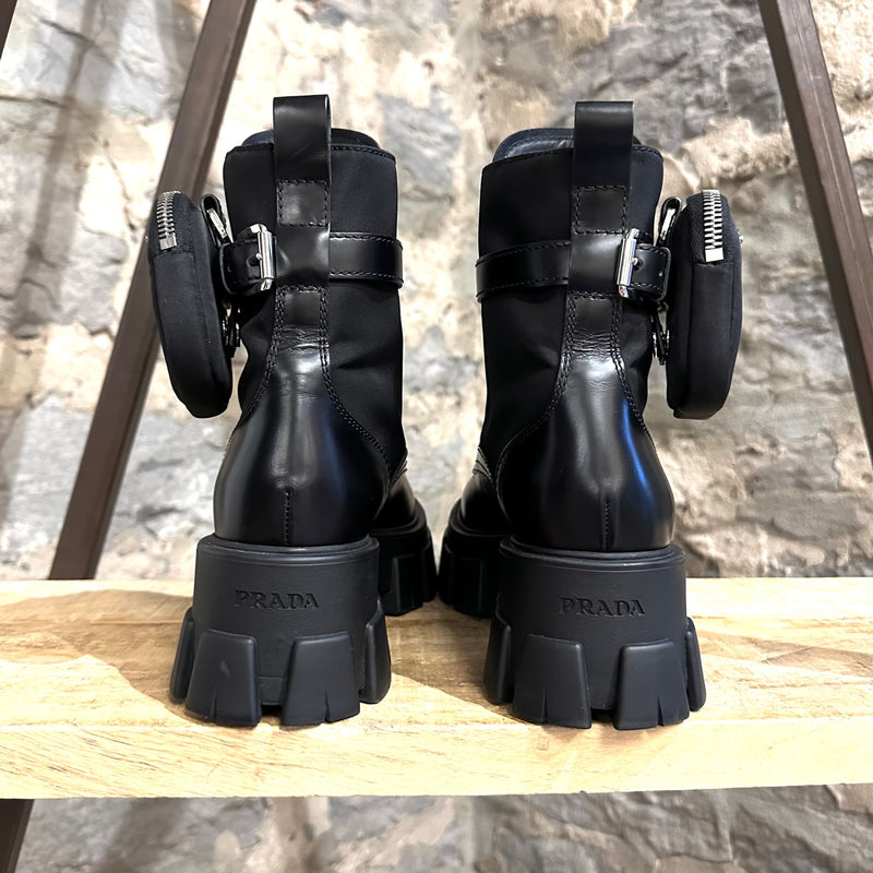 Prada Monolith Black Leather Nylon Combat Boots