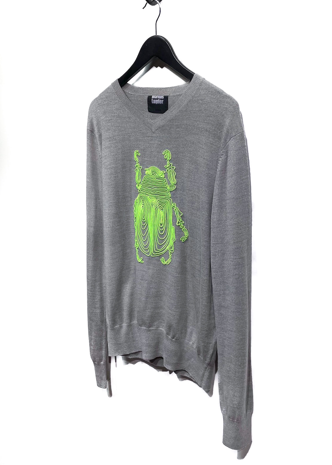 Markus Lupfer Grey Wool Sweater with Neon Green Beetle Appliqué