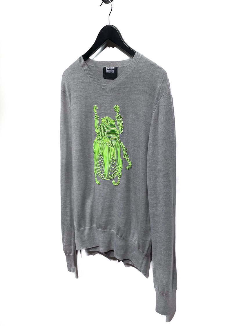 Markus Lupfer Grey Wool Sweater with Neon Green Beetle Appliqué