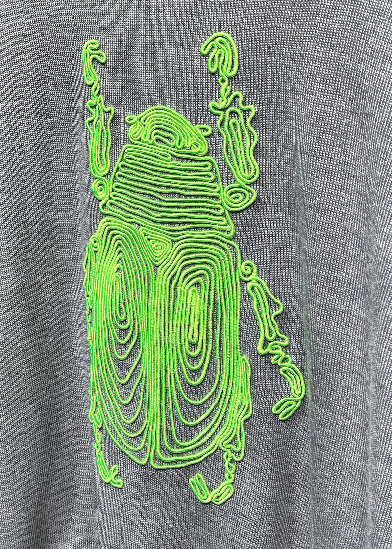 Markus Lupfer Grey Wool Sweater with Neon Green Beetle Appliqué