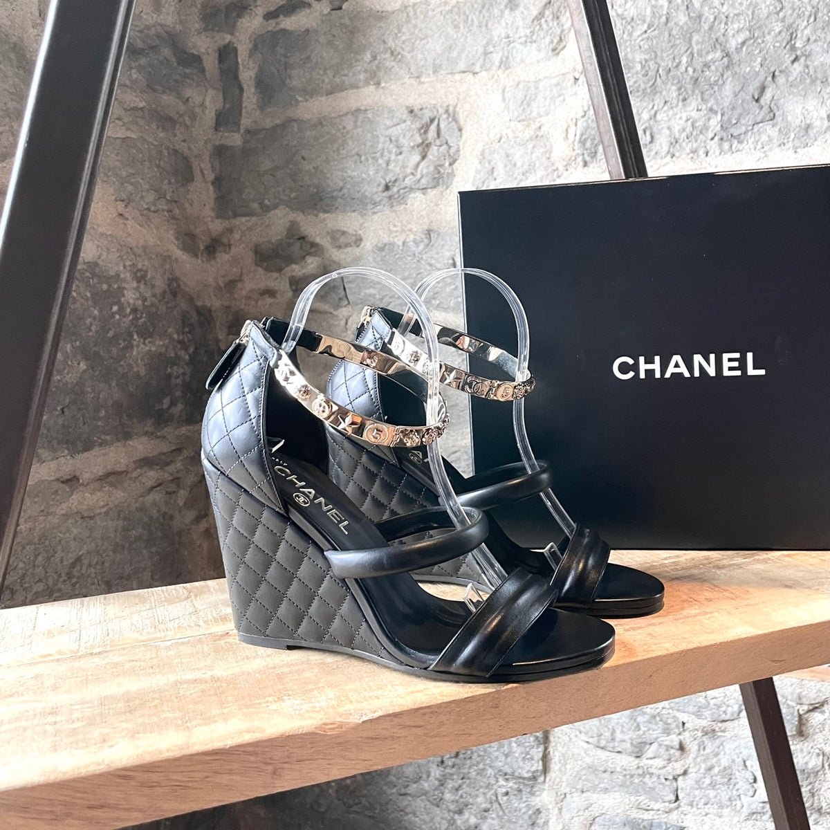 Chanel Black Leather Charm Metal Strap Wedge Sandals – Boutique LUC.S
