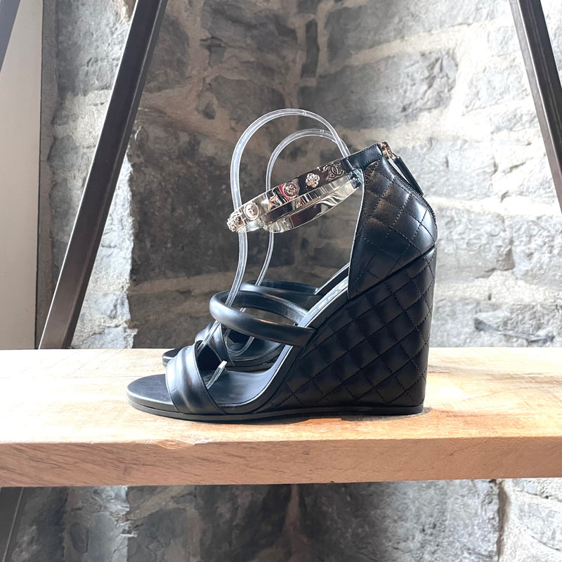 Chanel Black Leather Charm Metal Strap Wedge Sandals