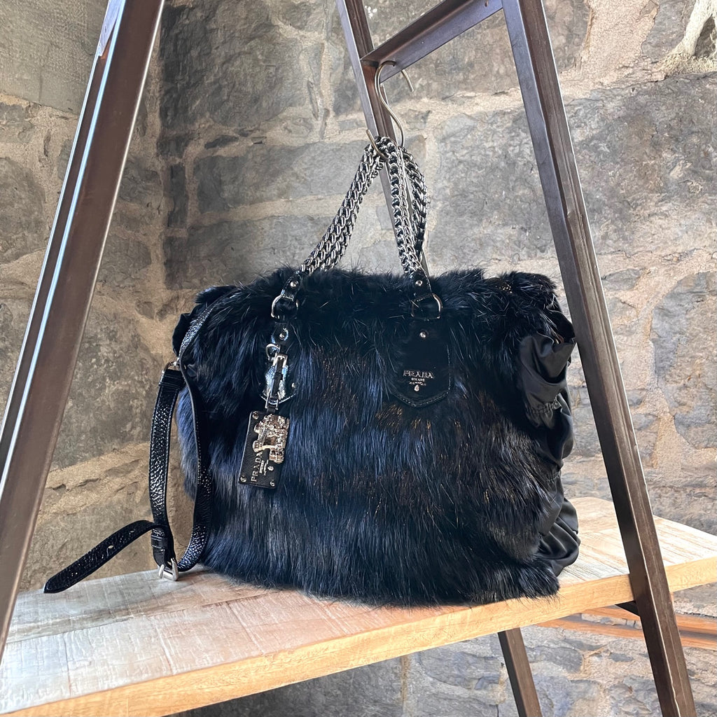 Prada Black Beaver Fur Chain Bag