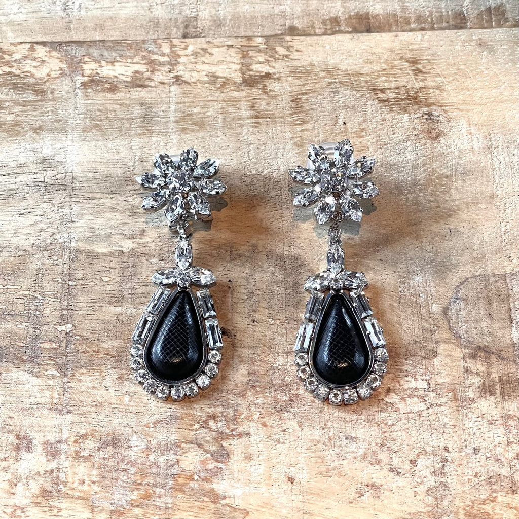 Prada Crystal Black Saffiano Leather Drop Earrings