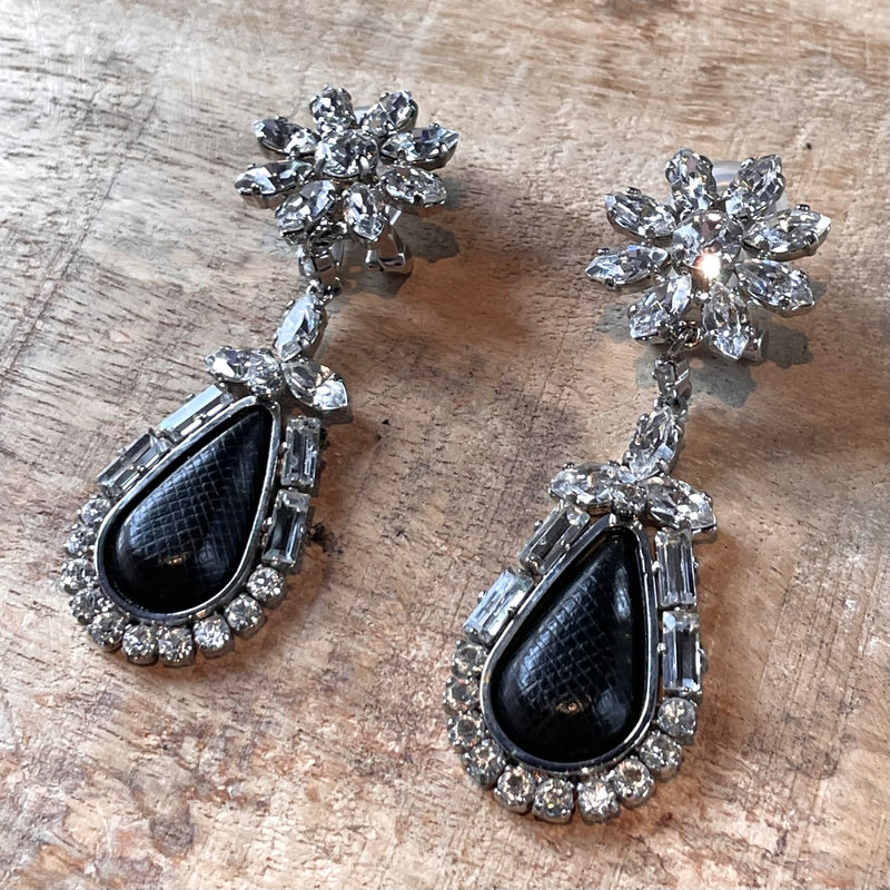 Prada Crystal Black Saffiano Leather Drop Earrings